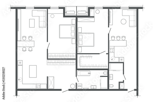 Linear architectural section plane part - two one-bedroom flats in apartment building on white background