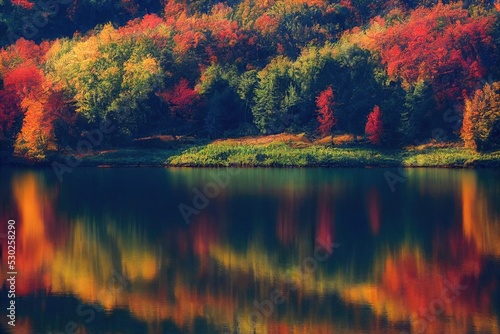 A beautiful autumn multicolored forest is reflected in the calm water of the lake. Autumn tranquil mood. Natural wallpaper. Peaceful scene.