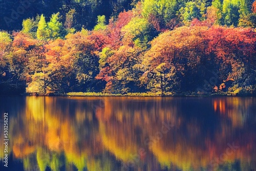 A beautiful autumn multicolored forest is reflected in the calm water of the lake. Autumn tranquil mood. Natural wallpaper. Peaceful scene.