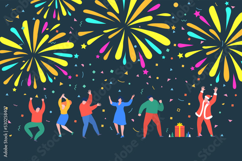 People celebrating, dancing and watching firework explosions in the sky