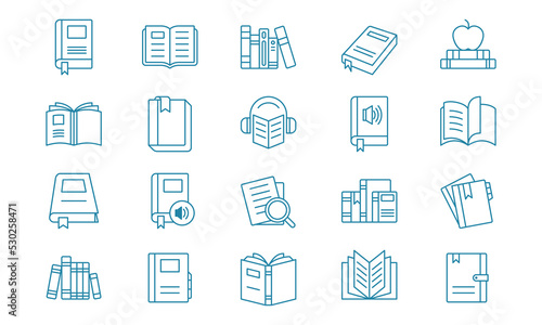 Book and literature icon set in outlined style. Suitable for design element of education and science ebook, literature and textbook symbol, and learning program app icon collection.