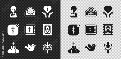 Set Jesus Christ, Stained glass, Religious cross heart, Church tower, Dove, Christian, Online church pastor preaching and icon. Vector