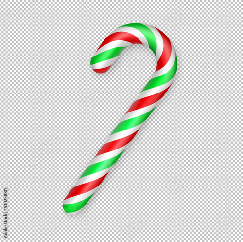 Christmas candy cane. Christmas stick. Traditional realistic xmas candy and red, green, white stripes. Santa caramel cane on transparent background. Vector illustration