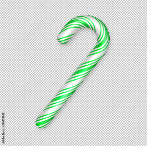 Christmas candy cane. Christmas stick. Traditional realistic xmas candy and green, white stripes. Santa caramel cane on transparent background. Vector illustration