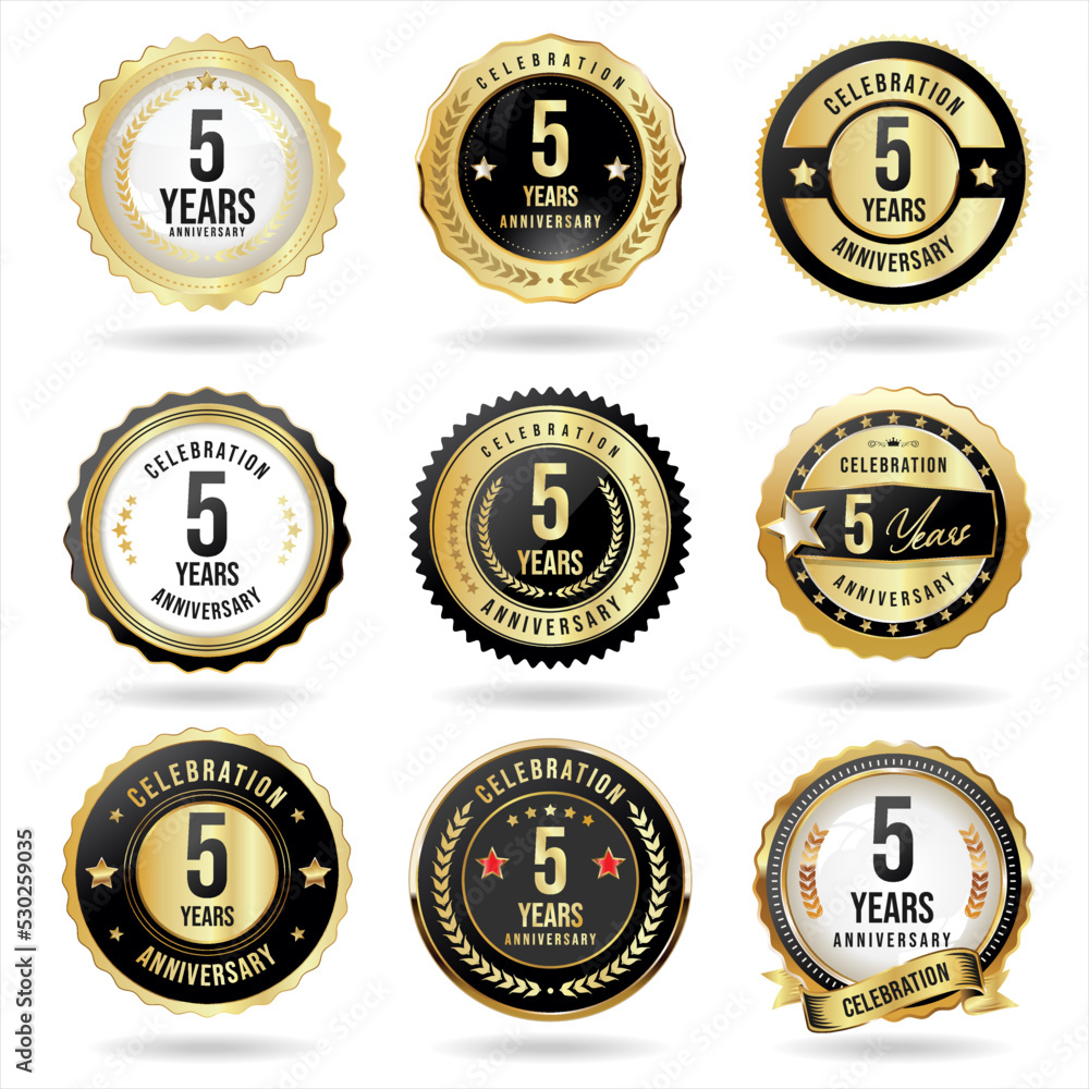 Collection of golden anniversary badge and labels vector illustration Collection of golden anniversary badge and labels vector illustration