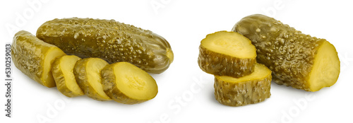 Quadro su tela Marinated pickled cucumber isolated on white background with full depth of field