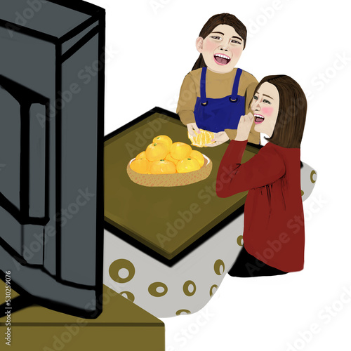 ありふれた日常　こたつでテレビを見ている女性