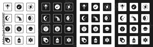 Set Solar system, Aquarius zodiac, Moon and stars, Symbol Pluto, Eclipse of the sun, Mars symbol, Planet Saturn and Neptune planet icon. Vector