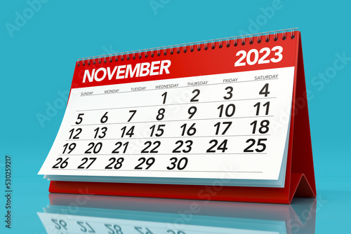 November 2023 Calendar. Isolated on Blue Background. 3D Illustration photo