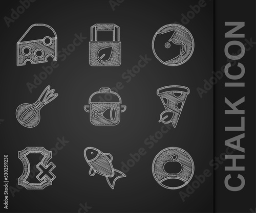 Set Cooking pot and chicken leg, Fish, Apple, Vegan pizza slice, No leather, Onion, Pig and Cheese icon. Vector