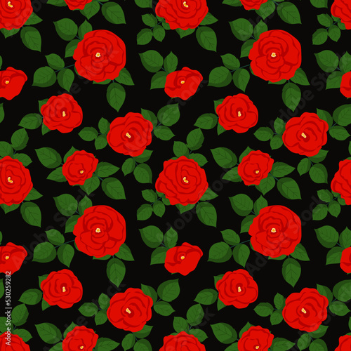 Seamless vintage floral pattern with red roses on a black background. Backdrop for wallpaper, print, textile, fabric, wrapping. Vector illustration.