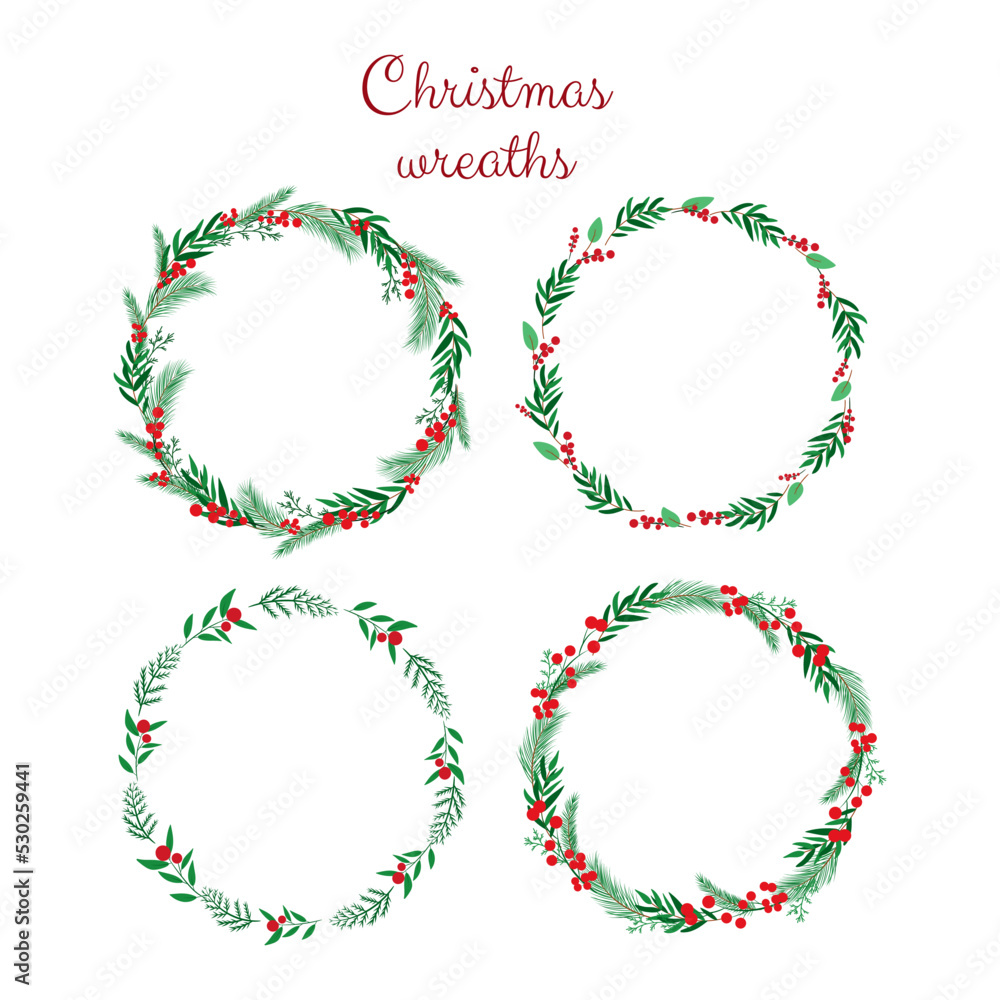 Christmas vector illustration of floral wreath set isolated on white background. Circle frame of season greeting card