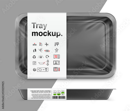 Horizontal black tray container mockup with transparent film and icons. Vector illustration isolated on white background. Layered template file easy to use for your promo product. EPS10.	