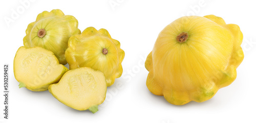 yellow pattypan squash isolated on white background with full depth of field