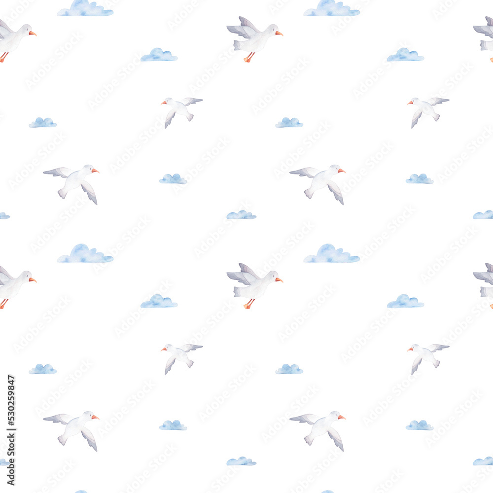 Watercolor seamless pattern of seagull and clouds. Print for baby fabric. Watercolor seamless pattern of seagull and clouds. Print for baby fabric.