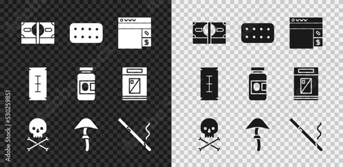 Set Stacks paper money cash, Pills in blister pack, Buying drugs online, Skull crossbones, Psilocybin mushroom, Cigarette, Blade razor and Medicine bottle and pills icon. Vector