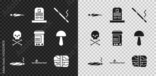 Set Marijuana joint, Tombstone with RIP written, Cigarette, smoke, Opium pipe, Package cocaine, Skull crossbones and Medicine bottle and pills icon. Vector