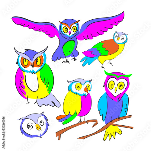 six colorful owl elements isolated on white background.