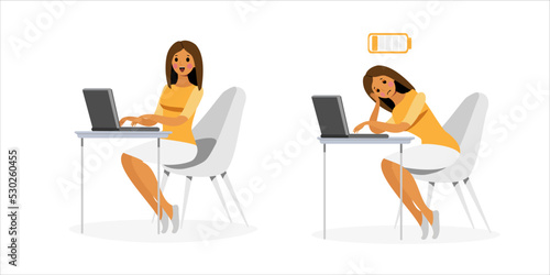 working on laptop woman with energy and without on the white background