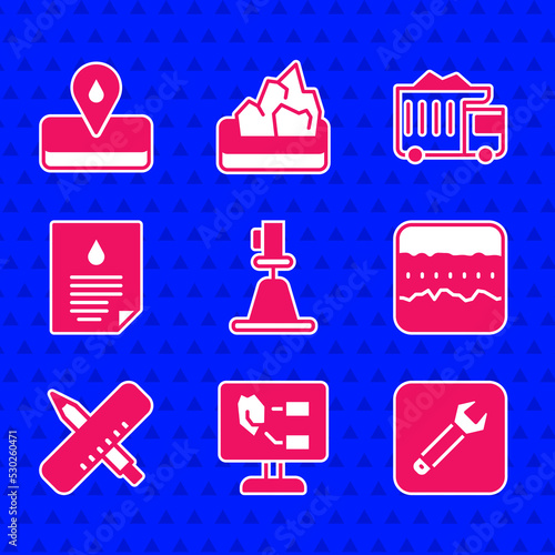 Set Tacheometer, theodolite, Soil analysis, Wrench spanner, ground layers, Crossed ruler and pencil, Oil drop document, Mining dump truck and Oilfield icon. Vector