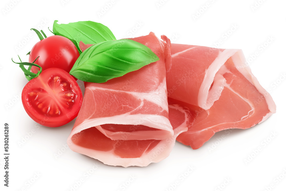 Italian prosciutto crudo or spanish jamon. Raw ham isolated on white background with full depth of field. Italian prosciutto crudo or spanish jamon. Raw ham isolated on white background with full depth of field.
