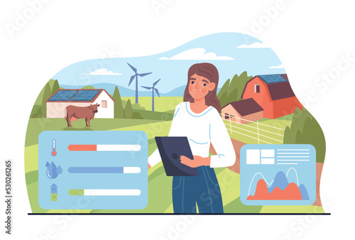 Farmer working concept. Young girl evaluates agriculture. Woman with tablet evaluates level of humidity and wind, creates conditions for plants. Animals and wildlife. Cartoon flat vector illustration