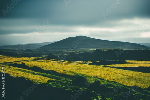 Endless fields of emerald grass on a hills. Harsh and beautiful Irish landscape. Natural wallpaper. Impressive scene