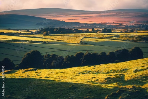 Endless fields of emerald grass on a hills. Harsh and beautiful Irish landscape. Natural wallpaper. Impressive scene
