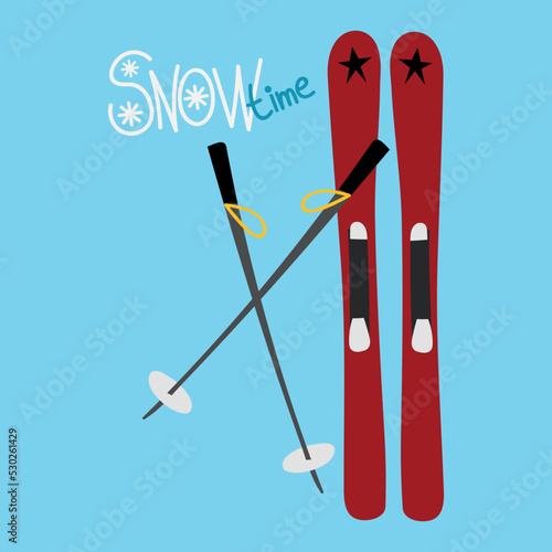 A pair of skis with and ski bats, winter illustration