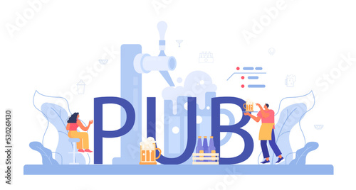 Pub typographic header. Barman serving beer and other alcoholic drinks