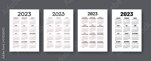 Calendar 2023 year set. Vector vertical template collection. Ready design. January, February, March, April, May, June, July, August, September, October, November, December