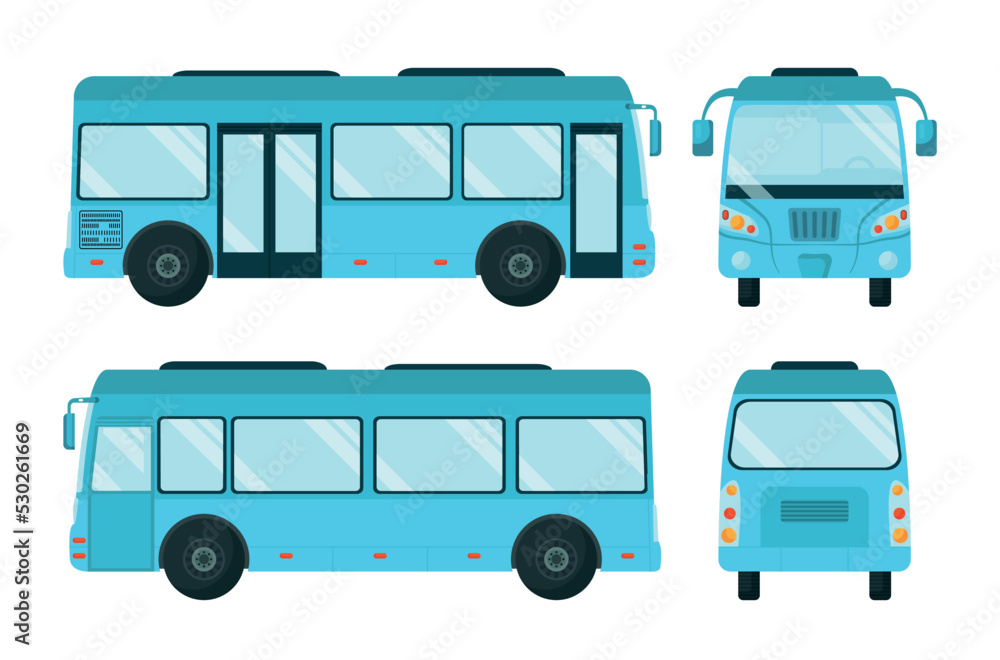 Public bus set. Vehicle collection from all sides. Blue big car. City transport, comfort and coziness. Social network stickers. Cartoon flat vector illustrations isolated on white background