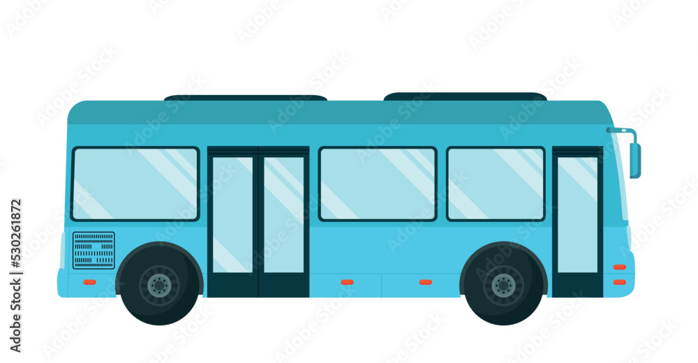 Public bus icon. Sticker for social networks and graphic element for website. Vehicle from side, big blue car. City and urbanization. Autobus and automobile. Cartoon flat vector illustration