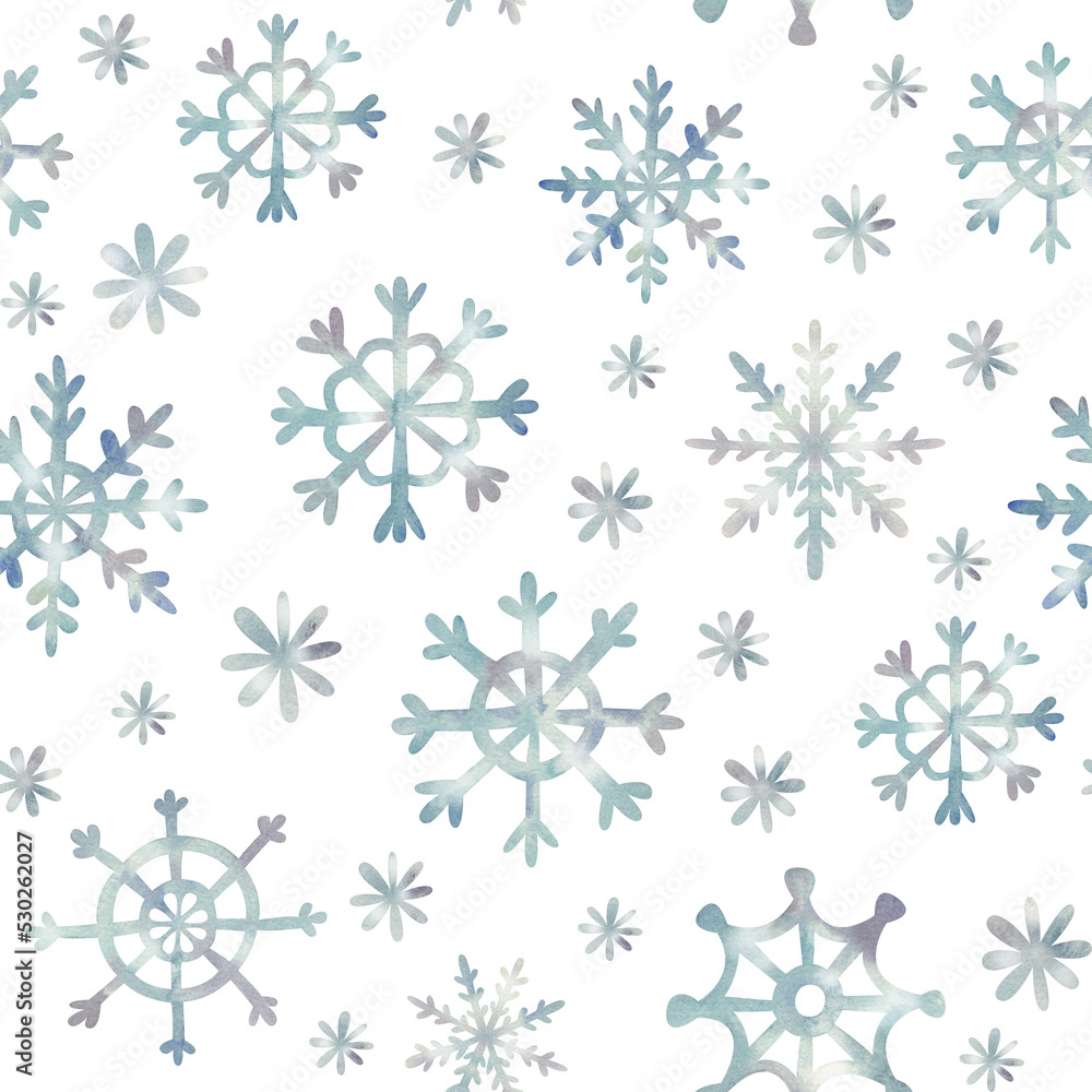 Watercolor background with new year elements. Winter seamless pattern with blue snowflakes