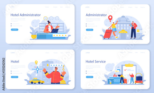 Hotel administrator web banner or landing page set. Tourism service,