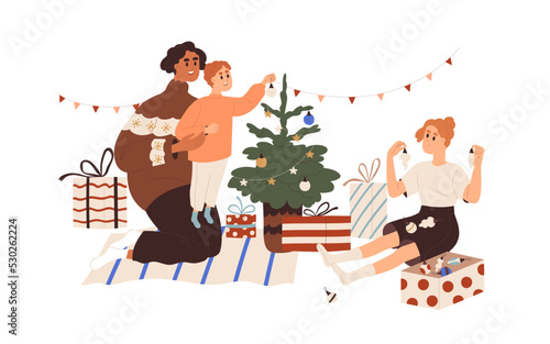 Family decorating Christmas tree for winter holiday. Happy mother and kids preparing for Xmas with fir baubles, ornaments, home decorations. Flat vector illustration isolated on white background