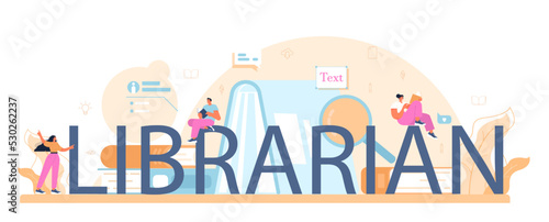 Librarian typographic header. Library staff cataloging and sorting books