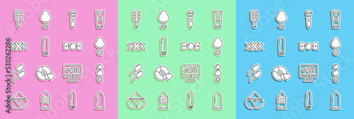 Set line Condom, Anal beads, plug, Dildo vibrator, Sex shop, Spanking paddle and Silicone ball gag with belt icon. Vector