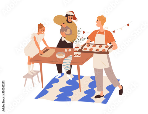 Family baking Christmas bakery, ginger cookies. People cooking DIY gingerbread together at home kitchen for winter holiday, Xmas and New Year. Flat vector illustration isolated on white background