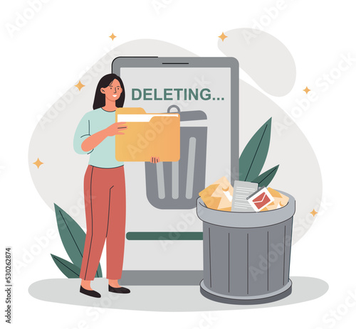 Cleaning phone concept. Woman deletes files from smartphone, freeing up space from garbage and trash. Gadgets and devices, modern technologies and digital world. Cartoon flat vector illustration