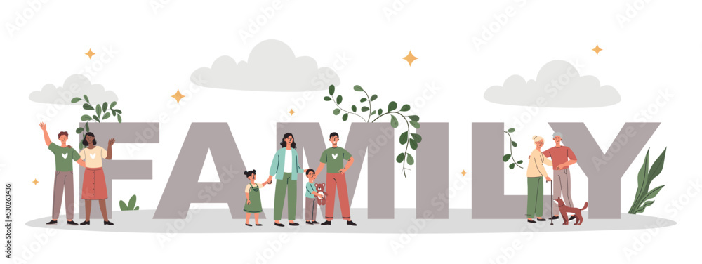 Concept of family. Poster or banner for website, young happy couple. Love, care and support. International holidays greeting postcard design. Weekend activity. Cartoon flat vector illustration Concept of family. Poster or banner for website, young happy couple. Love, care and support. International holidays greeting postcard design. Weekend activity. Cartoon flat vector illustration