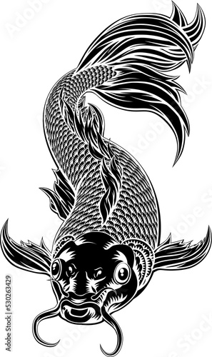 Koi Carp Fish Woodcut Style