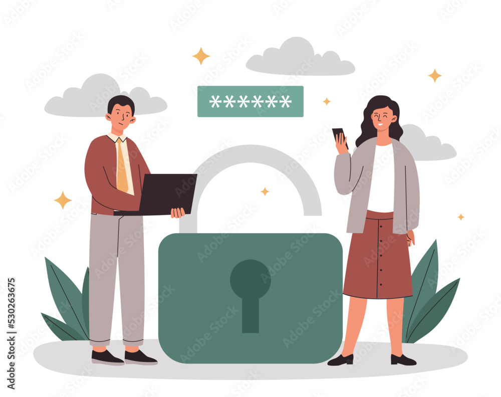 Network technology concept. Man with laptop and woman with smartphone log into account. User identification, website access. Free wifi and wireless internet. Cartoon flat vector illustration Network technology concept. Man with laptop and woman with smartphone log into account. User identification, website access. Free wifi and wireless internet. Cartoon flat vector illustration