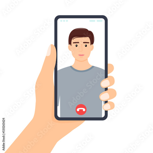 Hand holding phone. Smartphone screen with handsome man. Video call, vector illustration