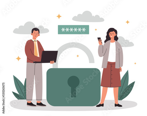Network technology concept. Man with laptop and woman with smartphone log into account. User identification, website access. Free wifi and wireless internet. Cartoon flat vector illustration