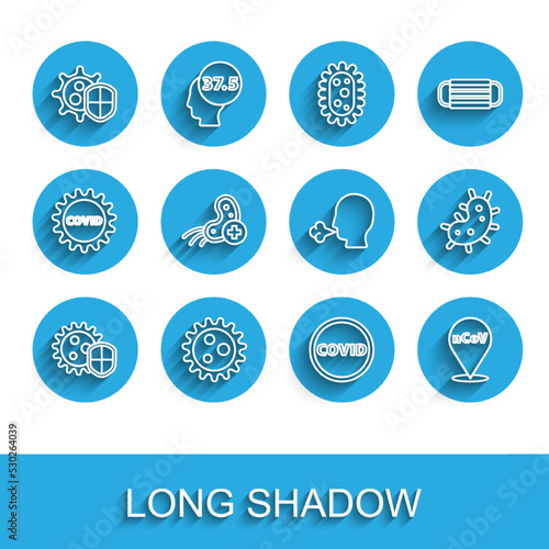 Set line Shield protecting from virus, Virus, Corona covid-19, 2019-nCoV location, Positive, and Man coughing icon. Vector