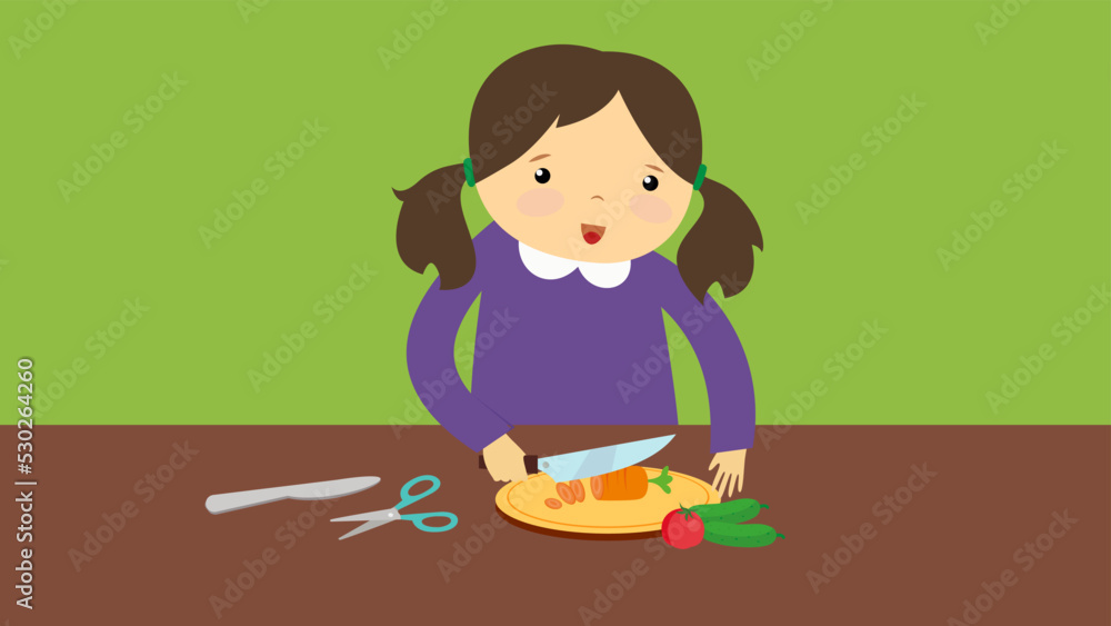girl cutting vegetables on a cutting board girl cutting vegetables on a cutting board