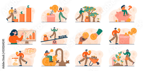 Investment concept set. Investing strategy, idea of financial support