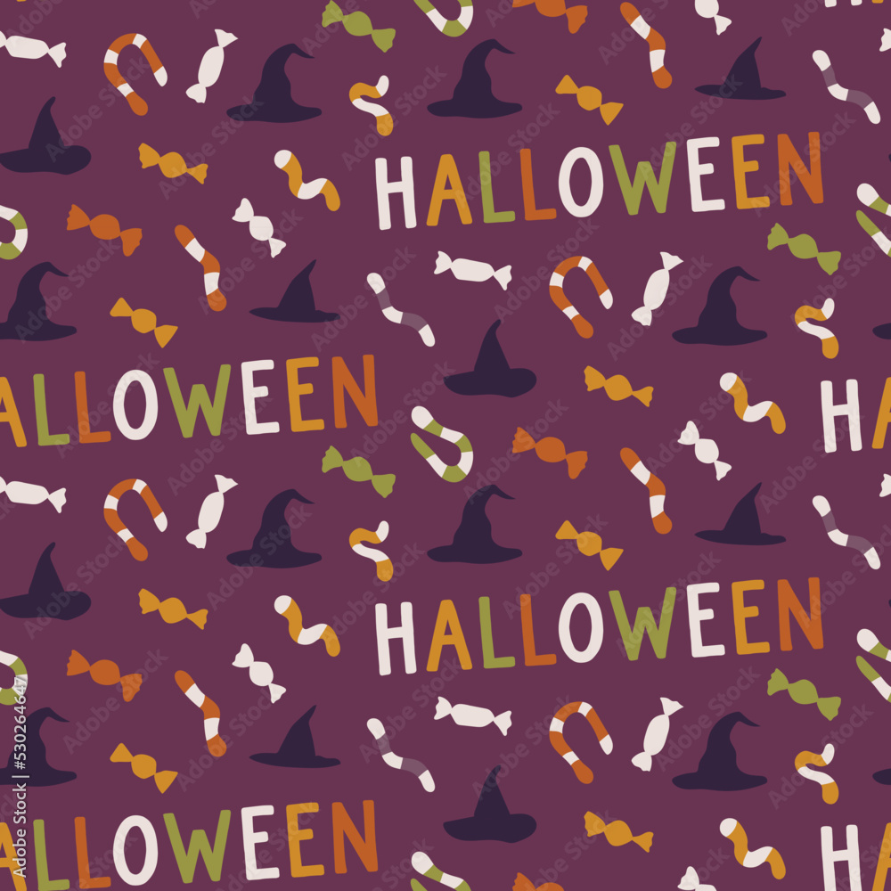 Spooky scary Halloween seamless pattern on purple violet background. Digital vector repeat pattern.