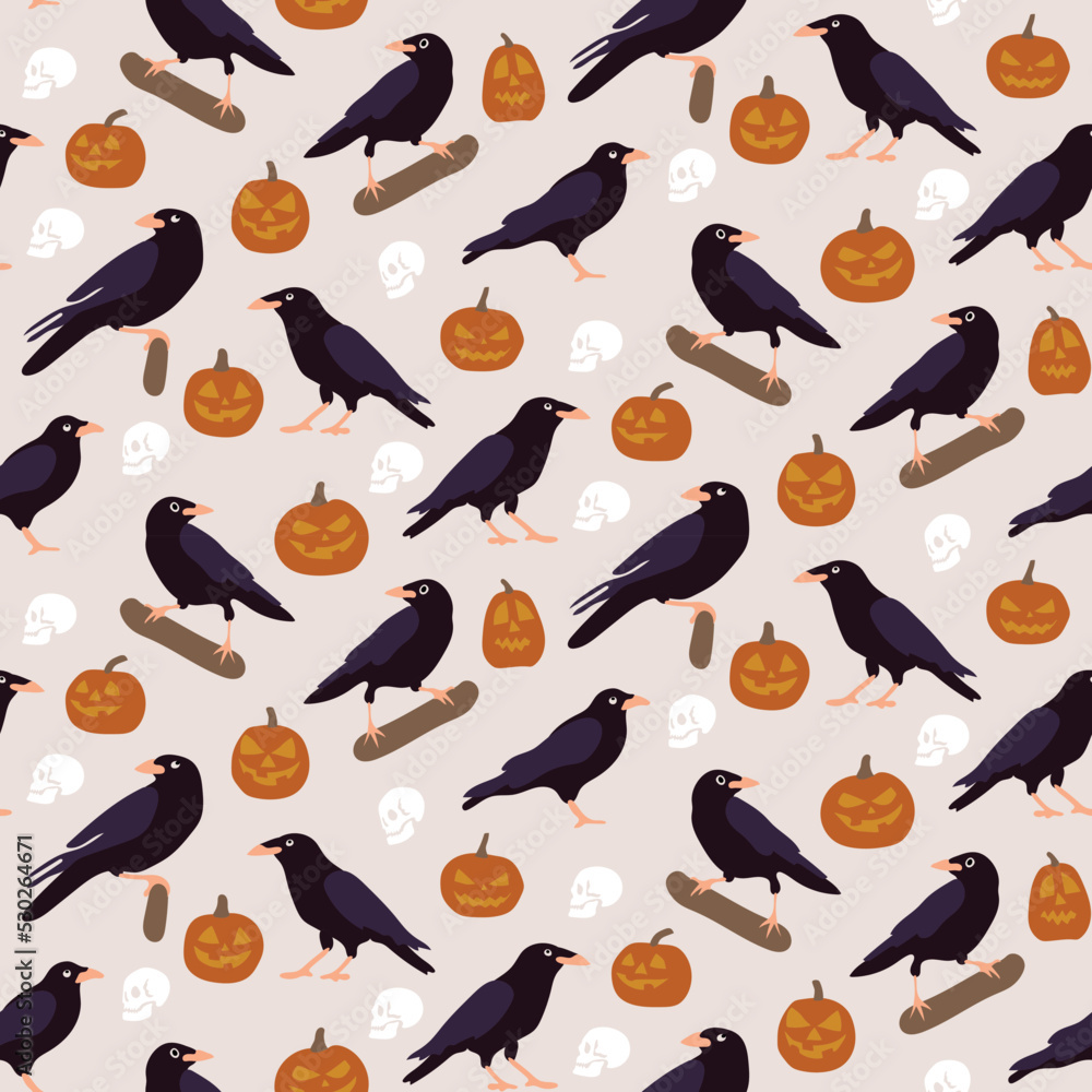 Spooky scary Halloween raven skull crow seamless pattern on bright background. Digital vector repeat pattern.
